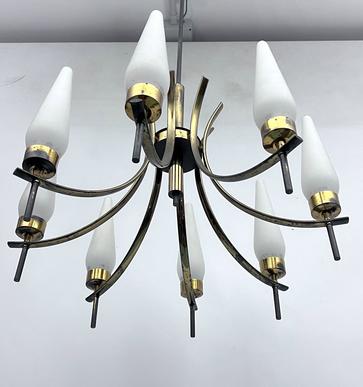 Mid Century 8 Lights Brass And Opaline Glass Chandelier. Italy 1950s photo vinterior