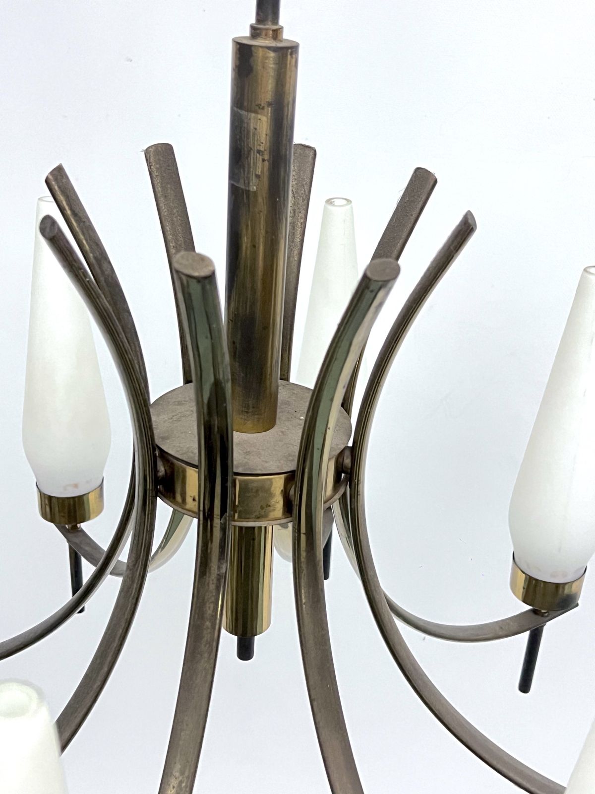 2125.5 Mid Century 8 Lights Brass And Opaline Glass Chandelier. Italy 1950s photo