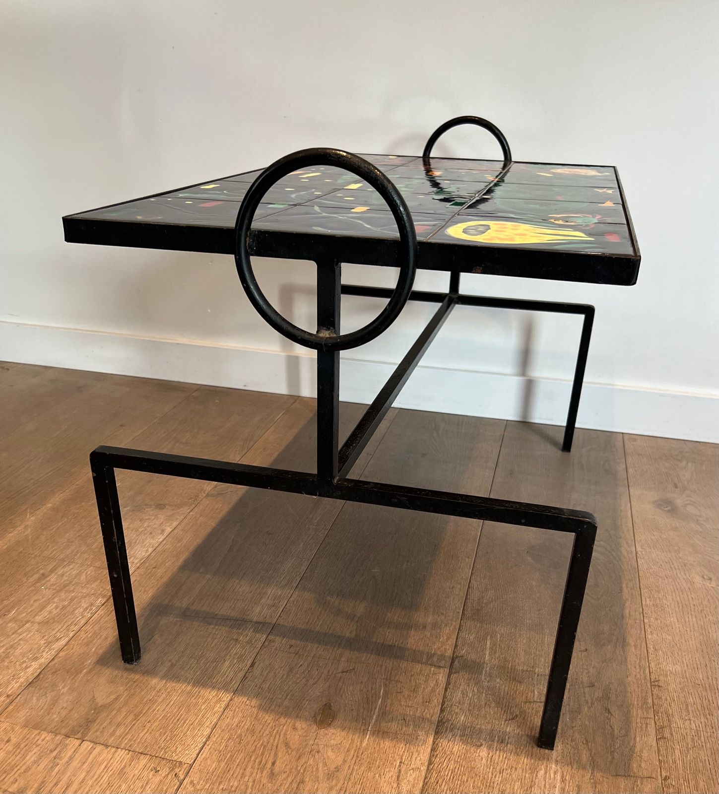 photo vinterior Coffee Table In Black Lacquered Metal And Ceramic In The Taste Of Jacques Adnet