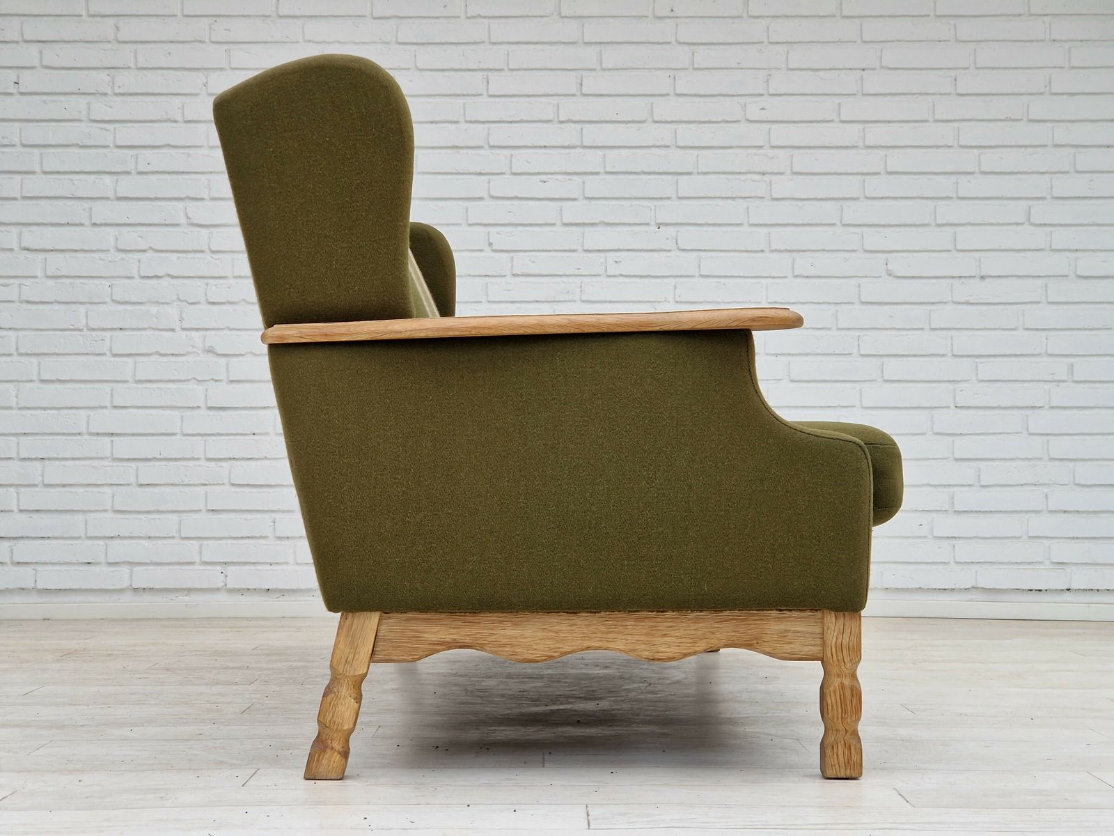1970s, Danish Vintage 3 Seater, Green Fabric, Oak Wood, Original Condition. photo buy