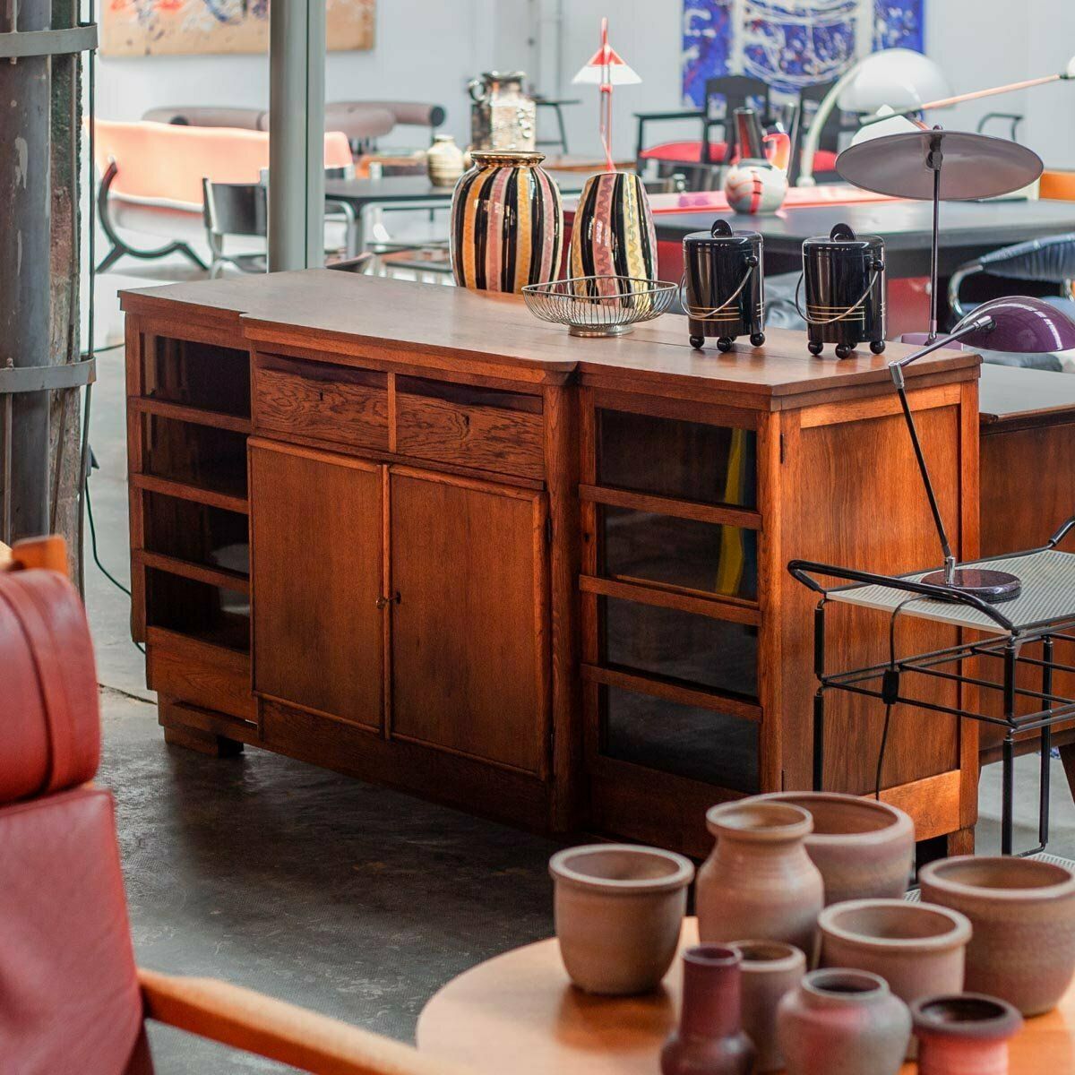 Dutch Art Deco Sideboard In Oak With Coromandel Wood Details And Glass Panes, 1930s