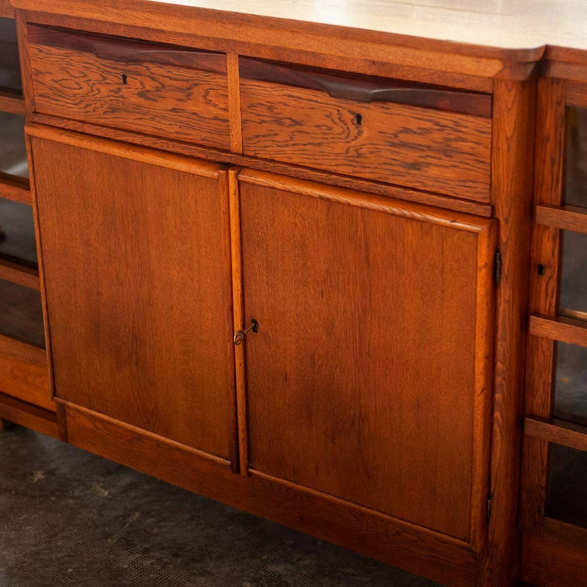 Dutch Art Deco Sideboard In Oak With Coromandel Wood Details And Glass Panes, 1930s photo furniture