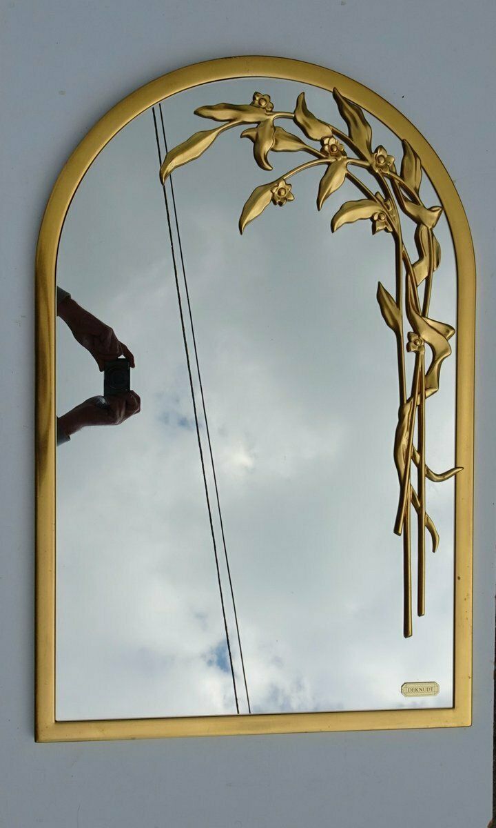 Round Gilt Wall Mirror Wiht Floral Design From Deknudt Belgium, 1970s photo for sale