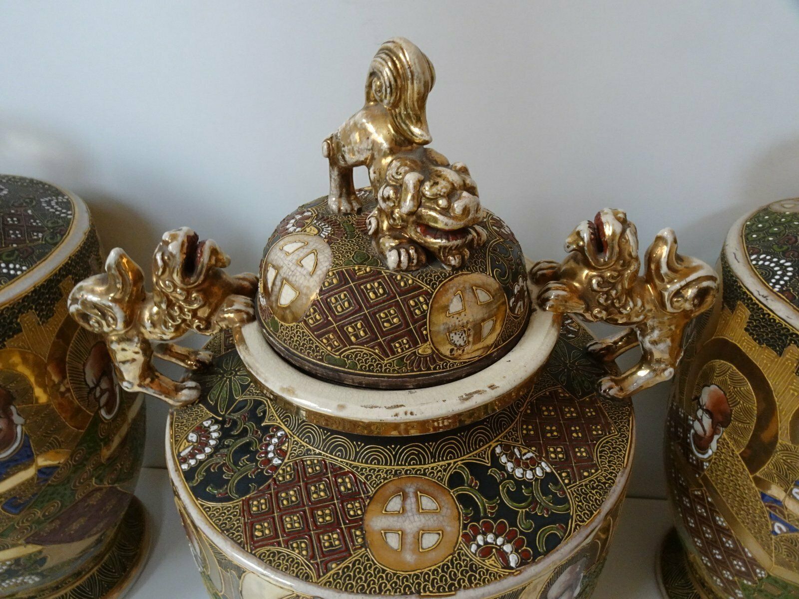 Large Antique Meiji Satsuma Moriage Vases And Burners, Japan, Set Of 7 photo buy