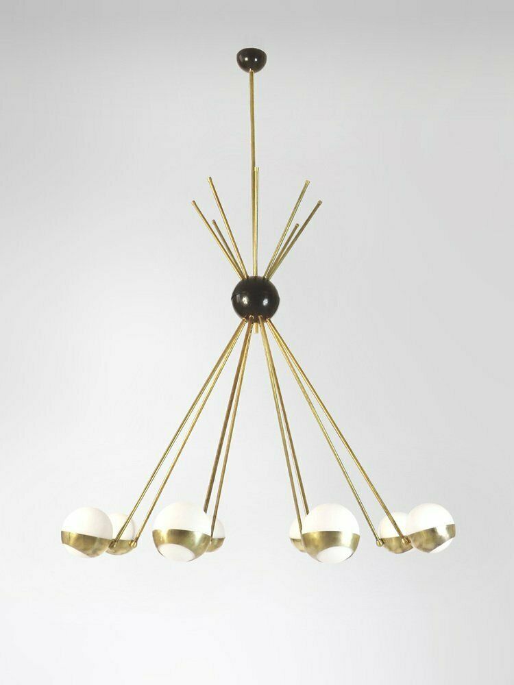 Mid Century Italian Opaline Brass Chandelier From Stilnovo photo for sale