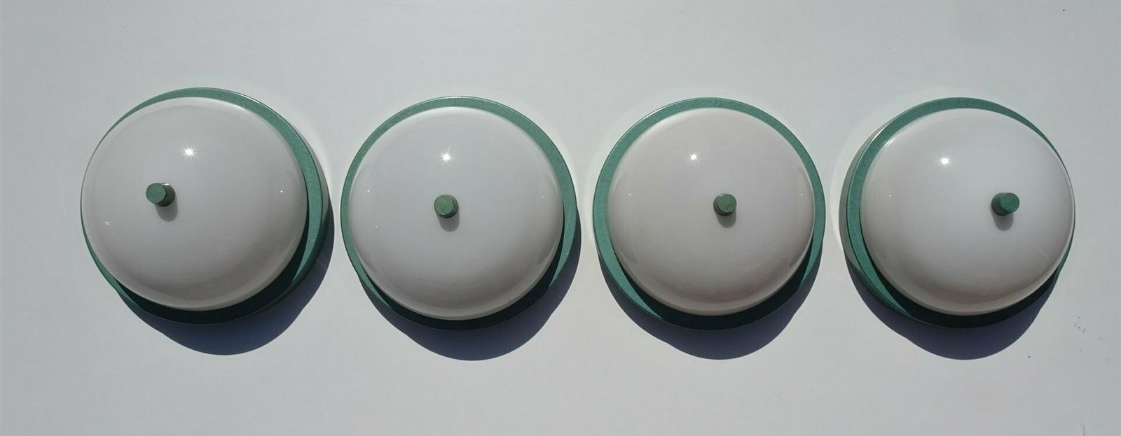 Industrial Metalic Green Lacquered Ceiling Lamp In White Opaline Glass, 1940s