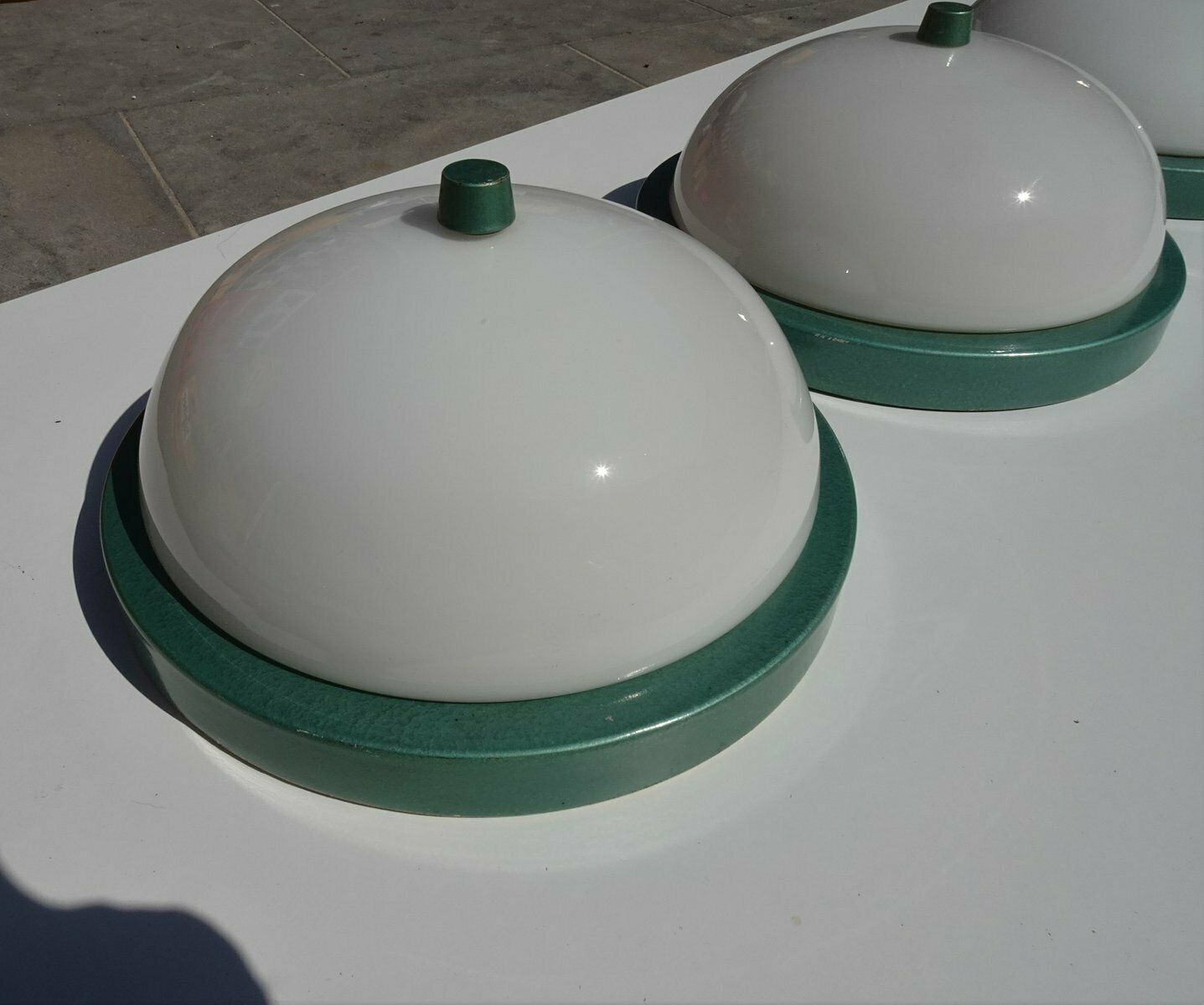 Industrial Metalic Green Lacquered Ceiling Lamp In White Opaline Glass, 1940s photo furniture