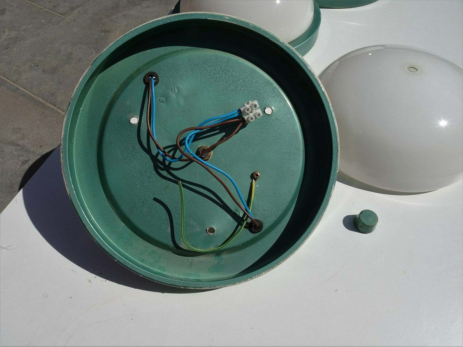 Industrial Metalic Green Lacquered Ceiling Lamp In White Opaline Glass, 1940s photo vinterior