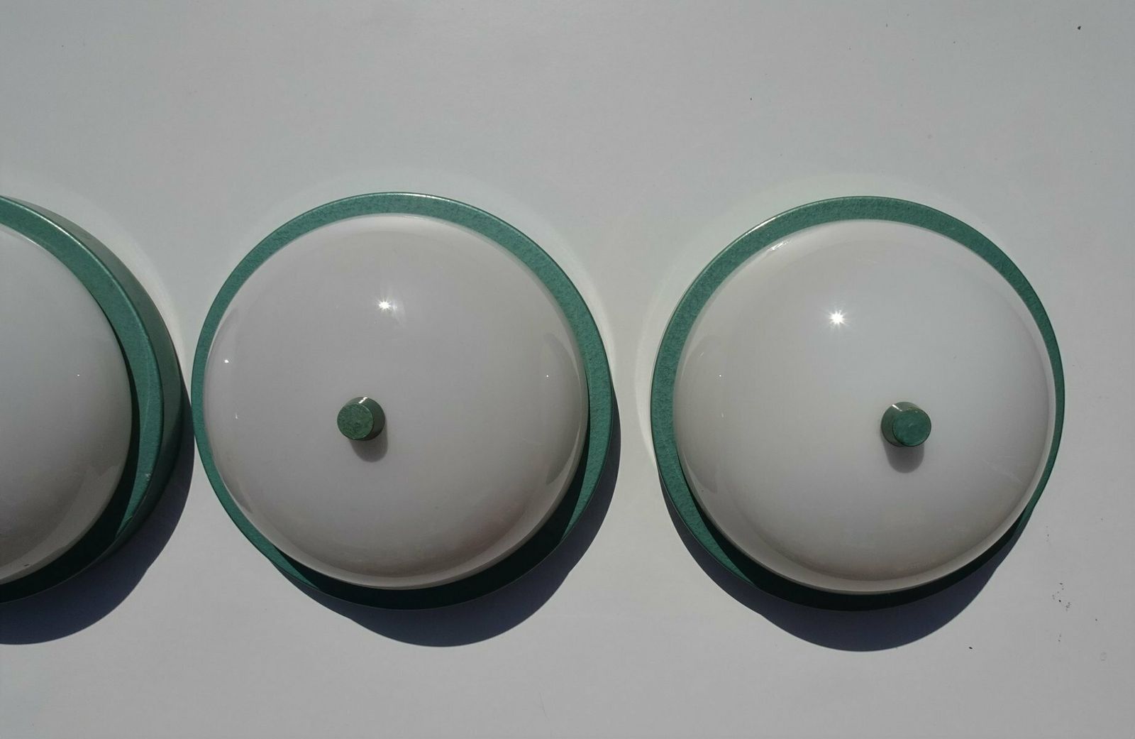 photo furniture Industrial Metalic Green Lacquered Ceiling Lamp In White Opaline Glass, 1940s