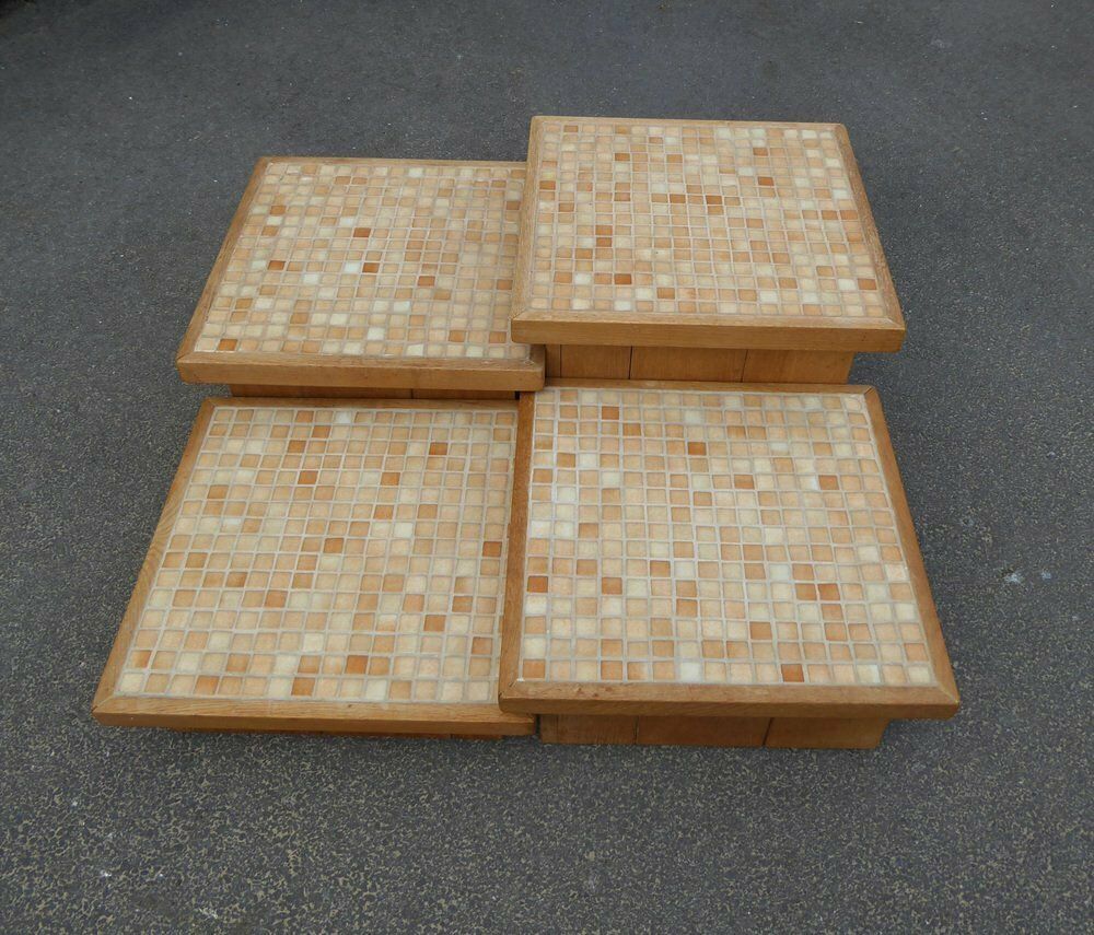 Modular Pink Mosaic And Inlaid Oak Coffee Table, 1960s, Set Of 4 photo for sale