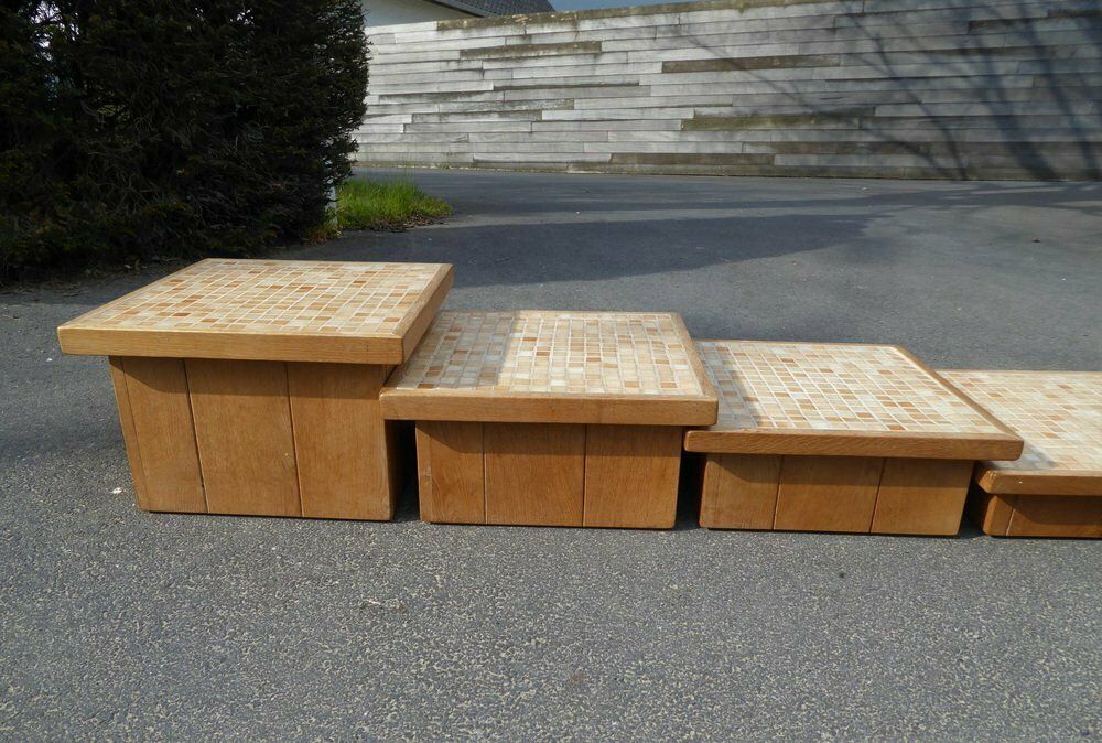 Modular Pink Mosaic And Inlaid Oak Coffee Table, 1960s, Set Of 4 photo vinterior