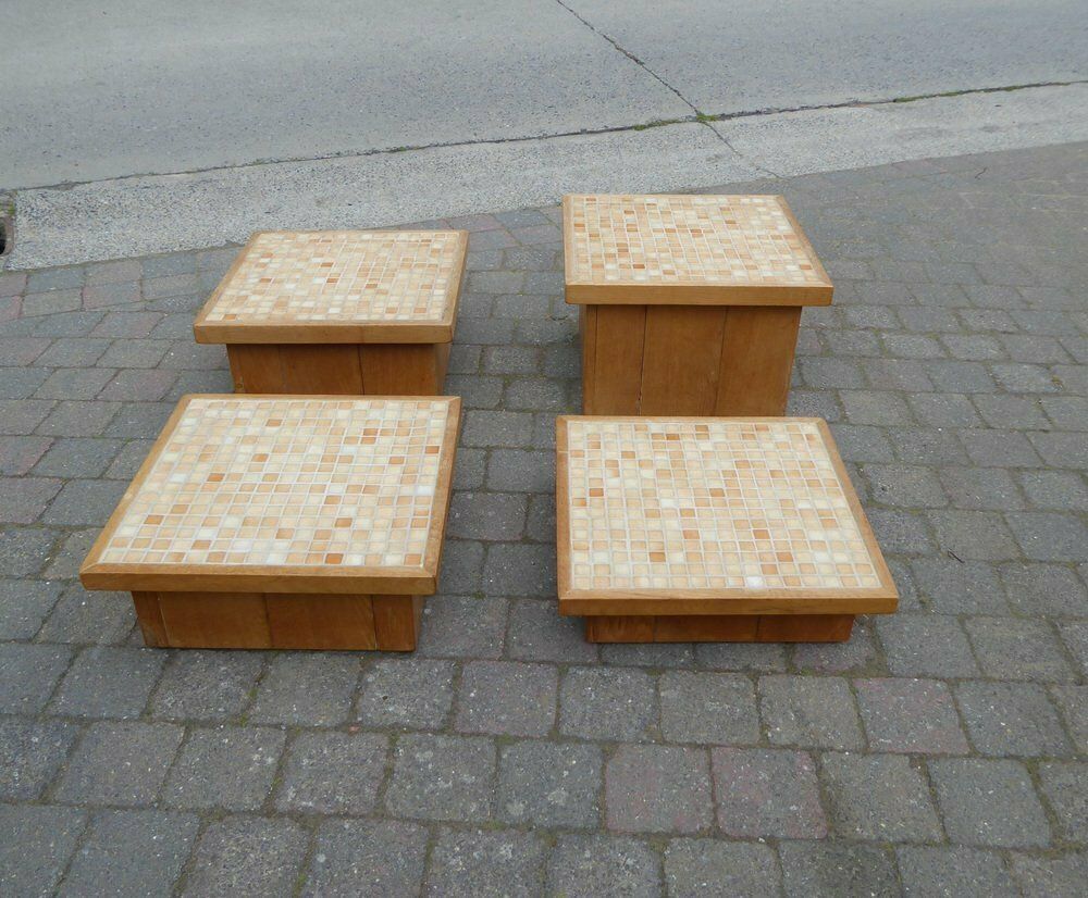 Modular Pink Mosaic And Inlaid Oak Coffee Table, 1960s, Set Of 4 photo vintage