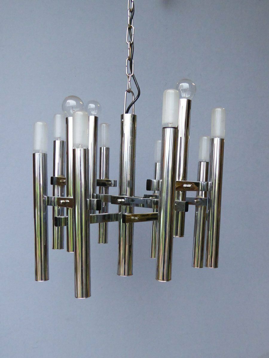 Mid Century Chrome Tubes Chandelier Ceiling Lamp By Gaetano Sciolari