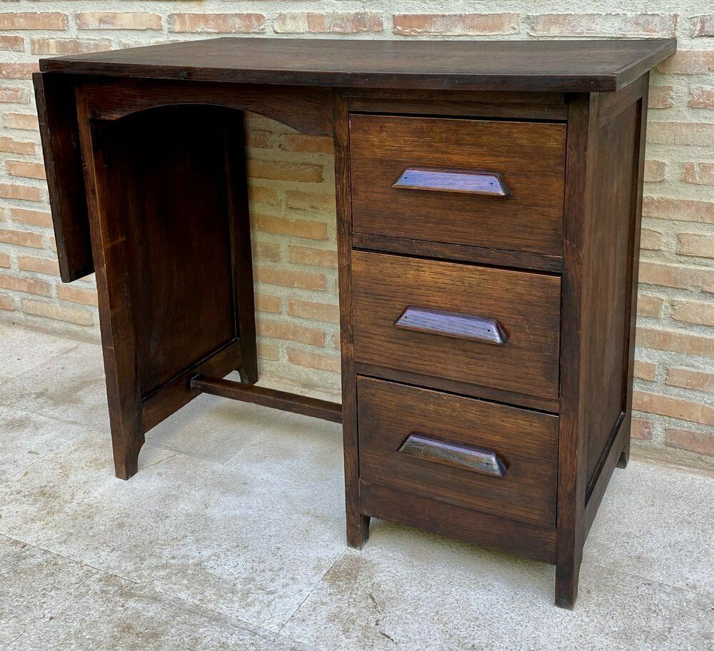 Early 20th Century Spanish Desk Or Work Table In Oak Wood With Lateral Wing, 1920s photo vinterior