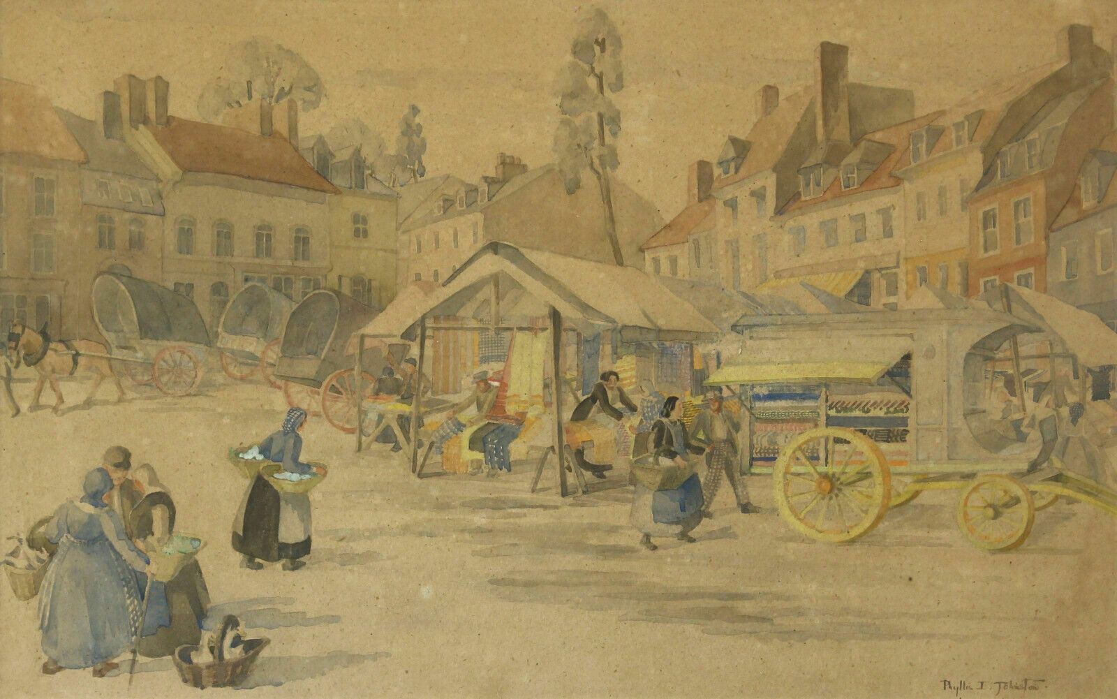 Watercolour By Phyllis Irene Johnston. Market Day In The Town Square. photo furniture