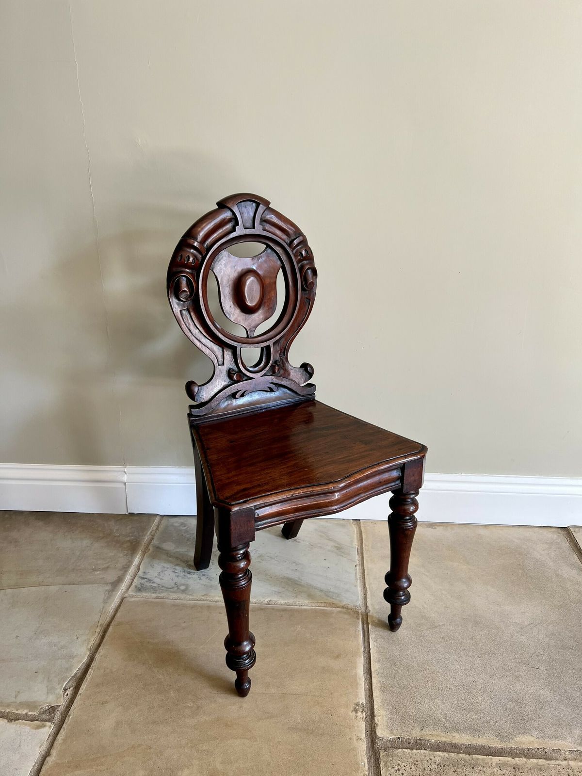 Quality Pair Of Antique Quality Carved Mahogany Hall Chairs photo for sale