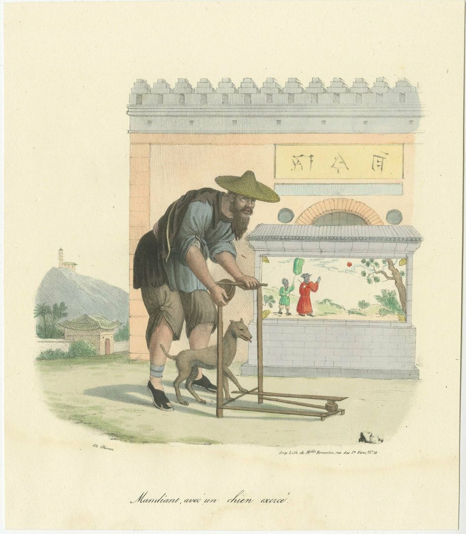 Antique Print Of A Chinese Mendicant With His Dog