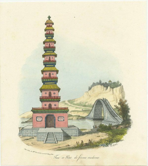 Antique Print Of A Chinese Taa And Bridge