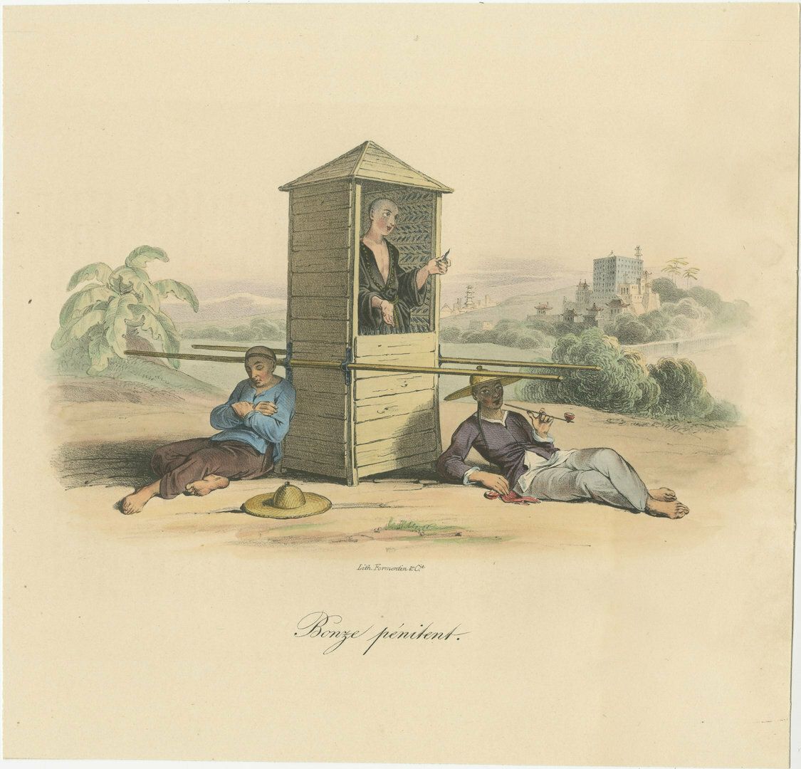 Antique Print Of A Religious Man In A Sedan Chair, China