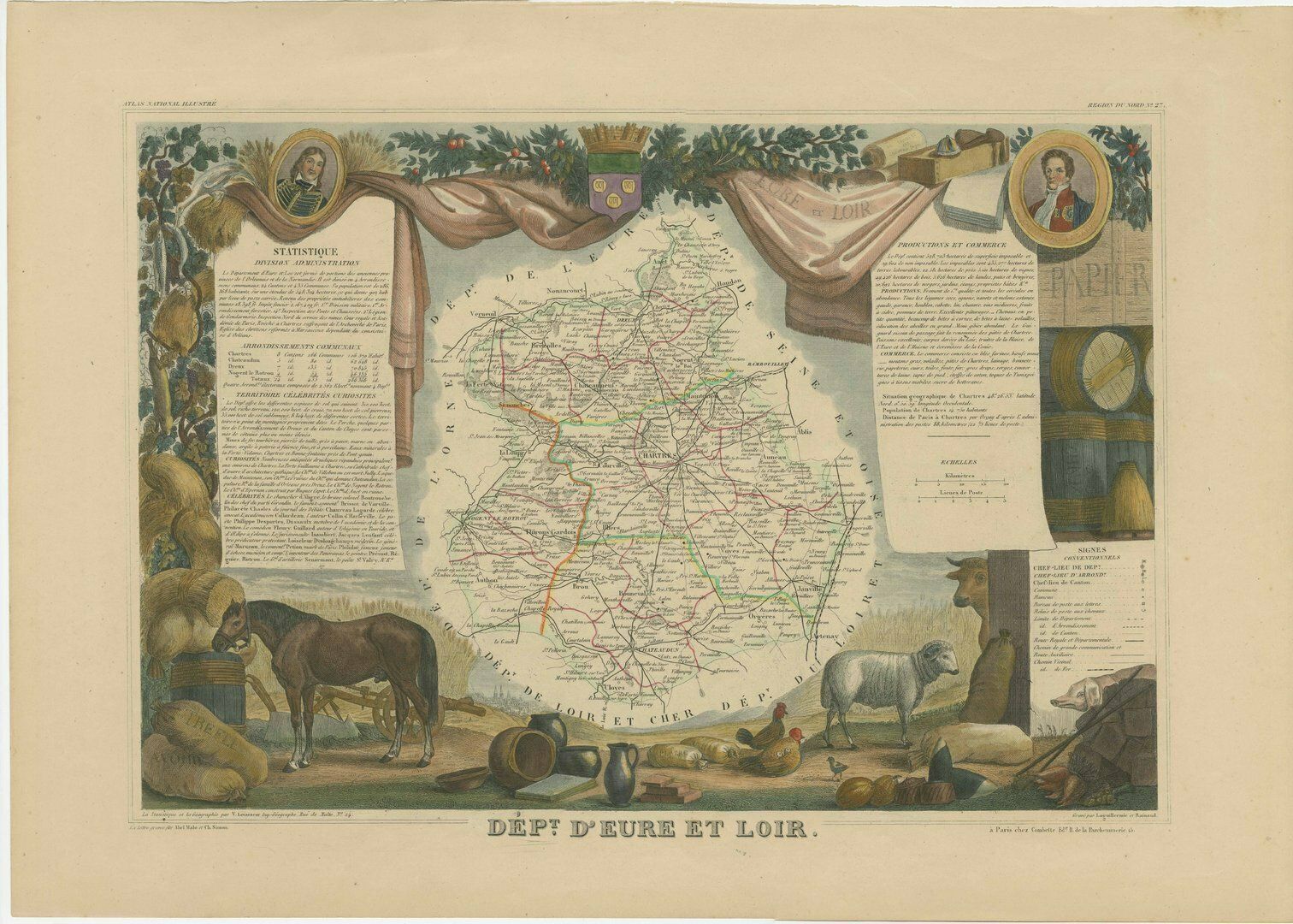 Hand Colored Antique Map Of The Department Of Eure Et Loir, France