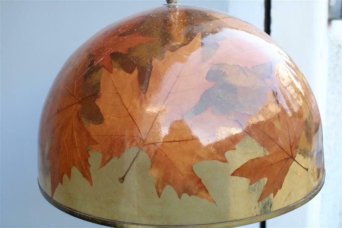 photo furniture Italian Dome Chandelier In Resin With Plane Leaves Design 1970 Brass