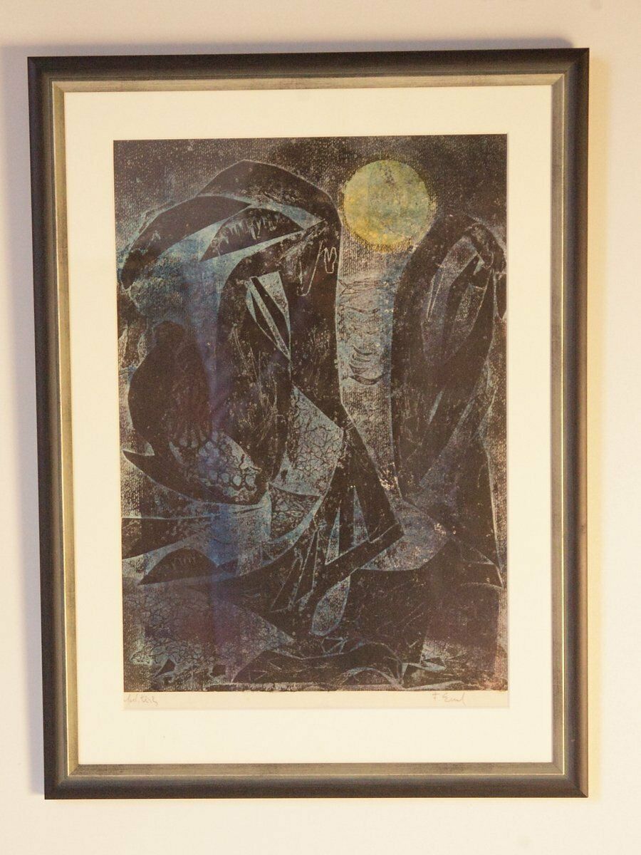 Frantisek Emler, Lovers In Moonlight, Oil On Paper, 1965, Framed