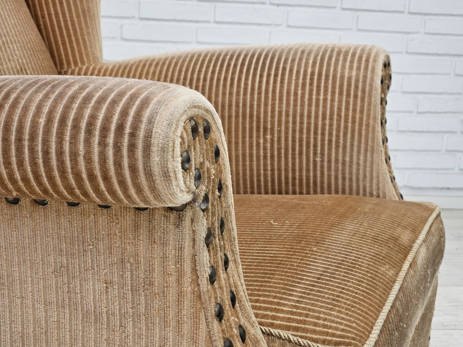 1970s, Danish Design, Armchair In Corduroy, Ash Wood, Original Condition. photo furniture