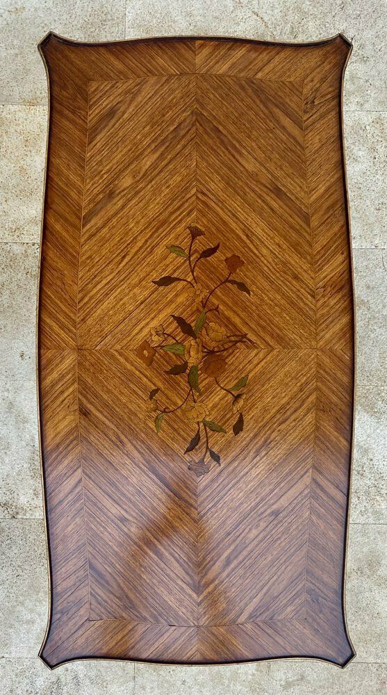 French Marquetry Bronze Ormolu Mounted Center Or Coffee Table, 1920s photo vintage