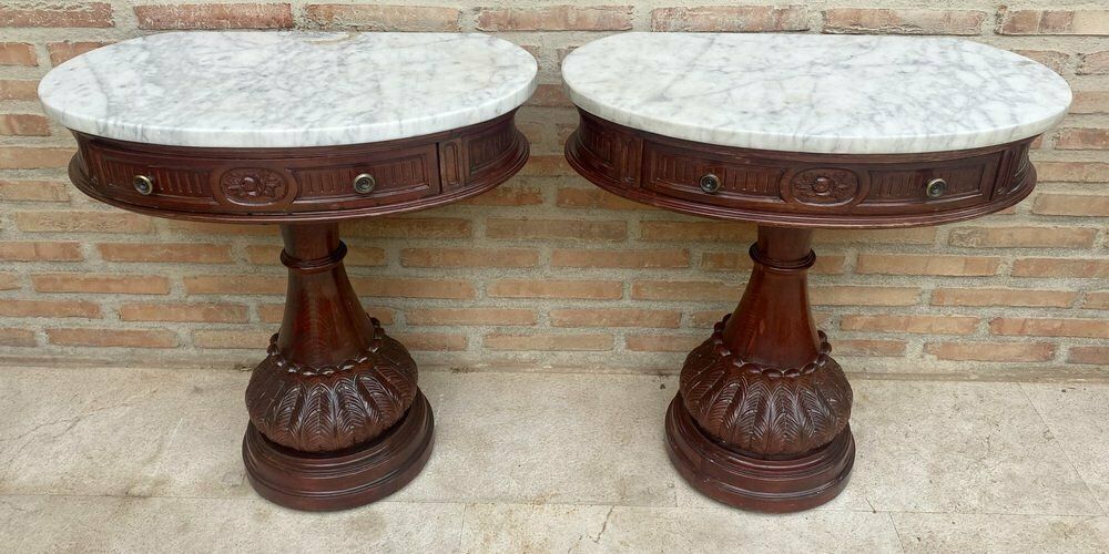 Carved Wood Demi Lune Nightstands With Marble Top, 1940, Set Of 2 photo Furniture