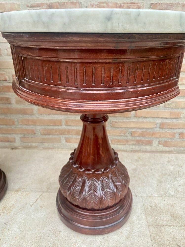 Carved Wood Demi Lune Nightstands With Marble Top, 1940, Set Of 2 photo vintage