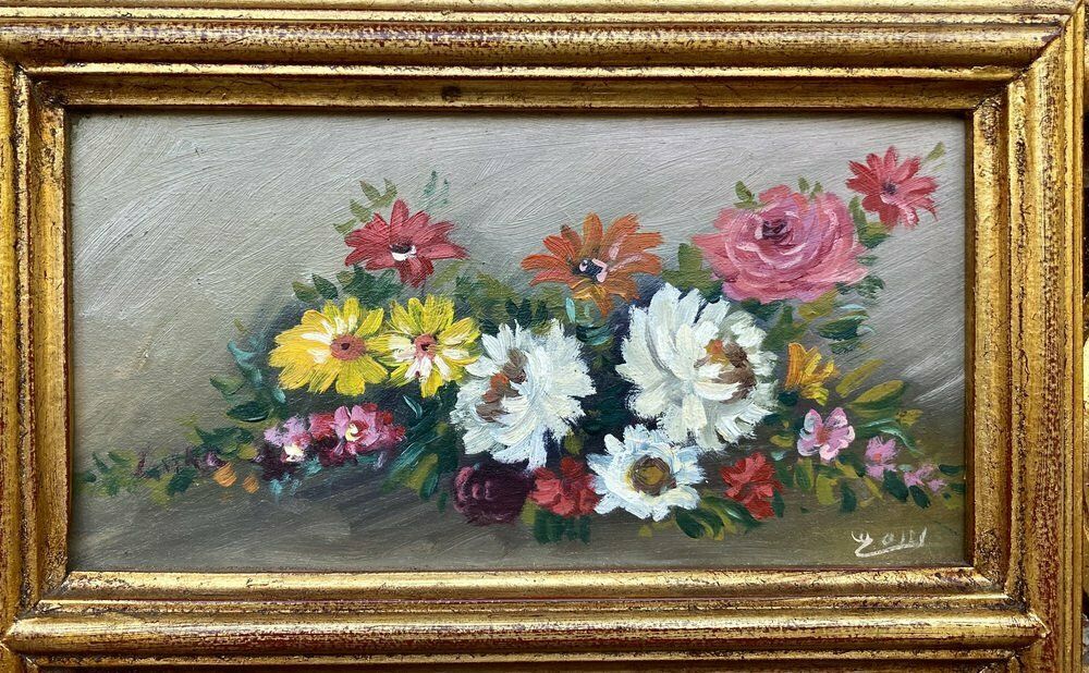 Woonaccessoires Vergulde Gebeeldhouwde Wandspiegel In Franse Rococo Stijl Met Olieverfchildering Van Bloemenmotieven, Jaren 1920 photo