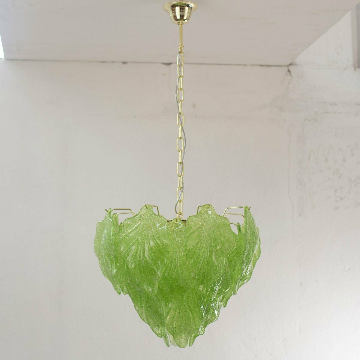 Suspension Chandelier In Murano Glass Leaves In Green Colour, Italy, 1990s photo Lighting