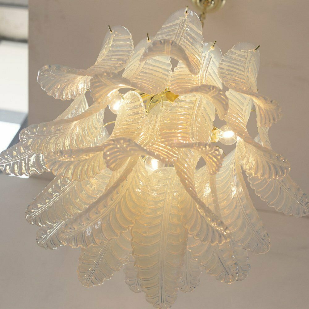 Murano Glass Pendant Chandelier With Opaline Leaves, Italy, 1990s photo vinterior