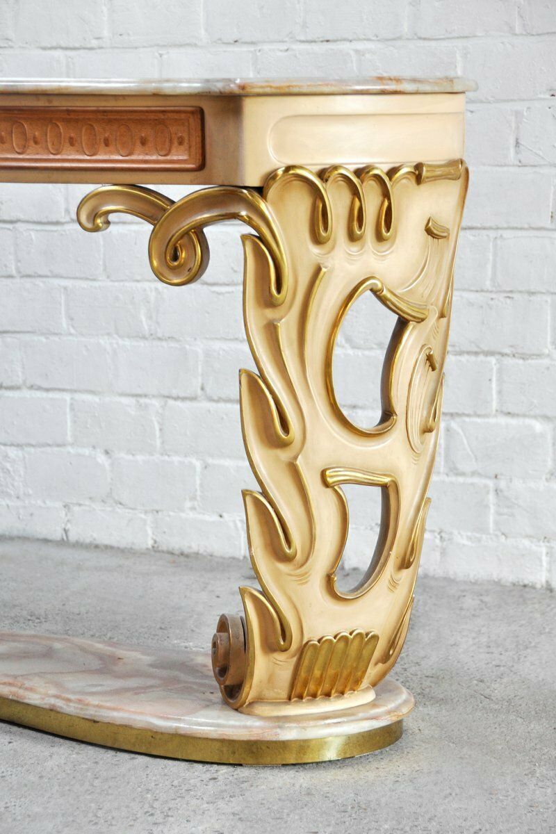 photo furniture Italian Carved & Gilded Wood Console With Onyx Top, 1940s