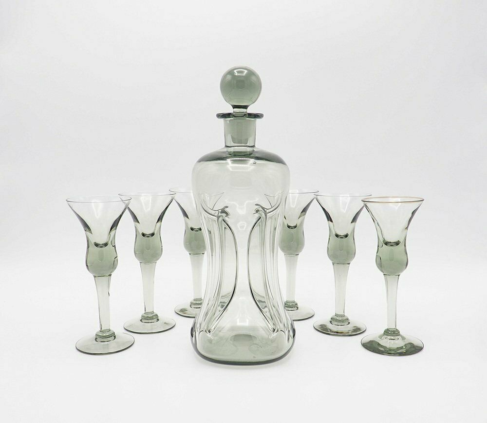 Decanter And Cordial Glasses In Grey Smoked Glass From Holmegaard Denmark, 1950s, Set Of 7 photo furniture