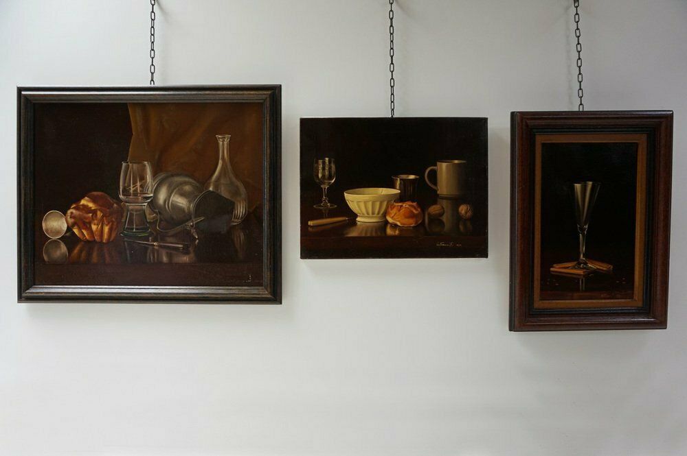 Belgian Artist, Still Lifes, 1984, Oil On Canvas Paintings, Framed, Set Of 3