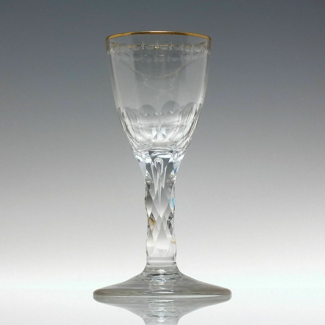 English 18th Century Facet Cut Wine Glass With Gilded Rim C1780