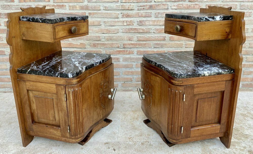 Art Nouveau Style Carved Nightstands Or Bedside Tables With Marble Top, 1930, Set Of 2 photo Furniture