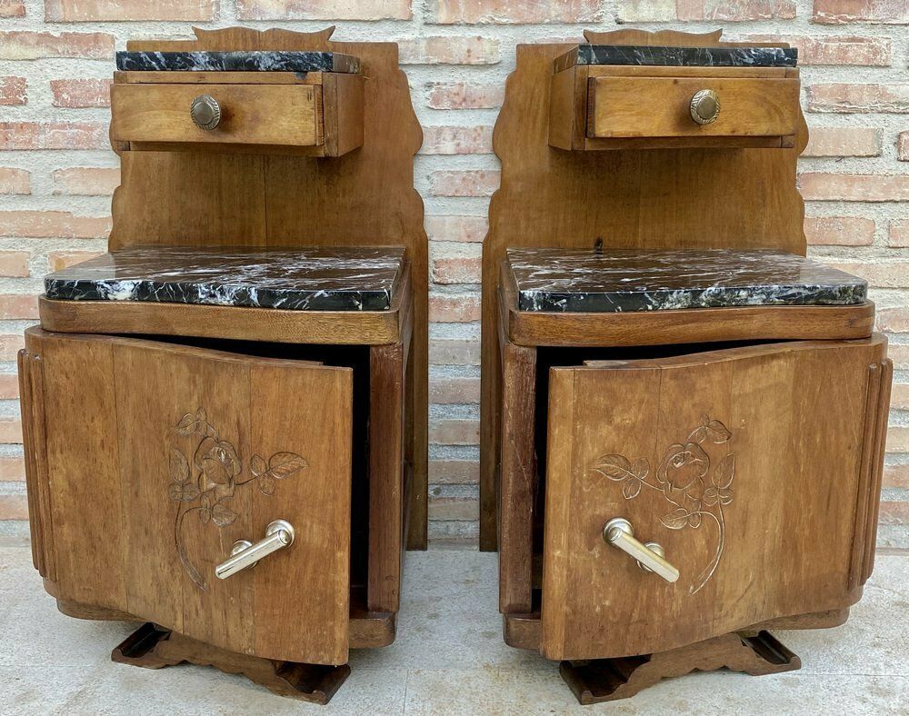 Art Nouveau Style Carved Nightstands Or Bedside Tables With Marble Top, 1930, Set Of 2 photo vinterior