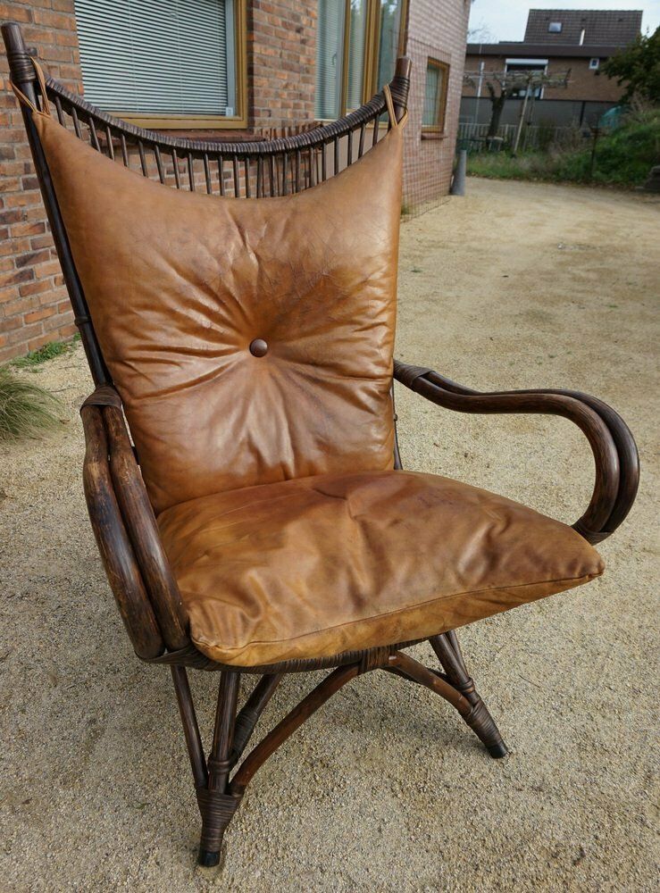 photo furniture Bamboo And Leather Sculptural Fan Back Lounge Chair, 1960s