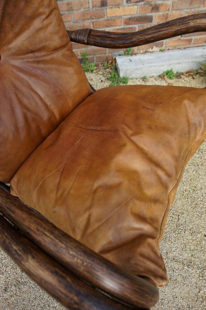 photo for sale Bamboo And Leather Sculptural Fan Back Lounge Chair, 1960s