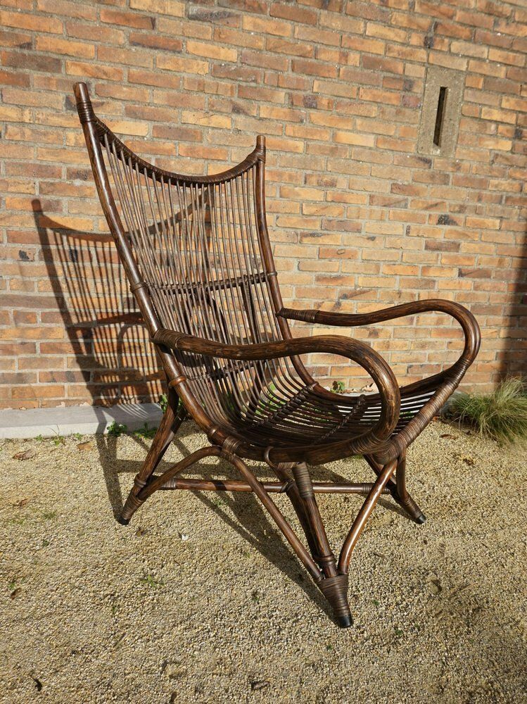 photo vinterior Bamboo And Leather Sculptural Fan Back Lounge Chair, 1960s