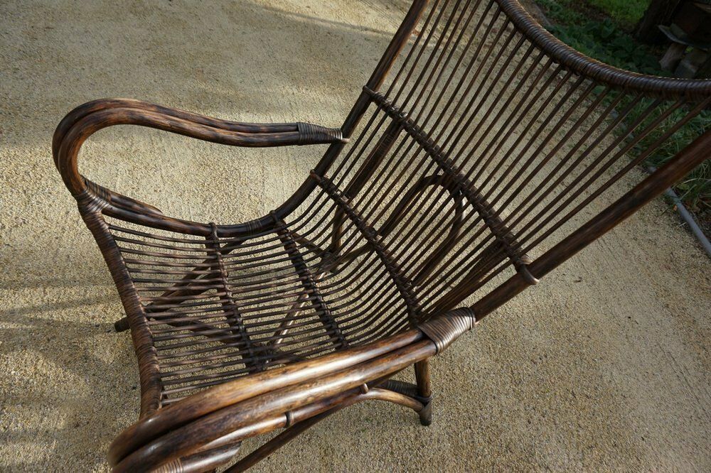 photo buy Bamboo And Leather Sculptural Fan Back Lounge Chair, 1960s