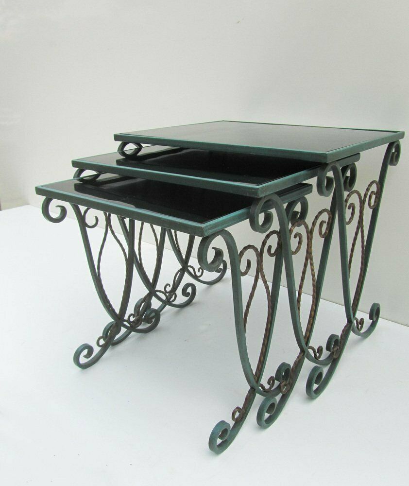 French Black Glass Nesting Tables In Wrought Iron, 1940s, Set Of 3