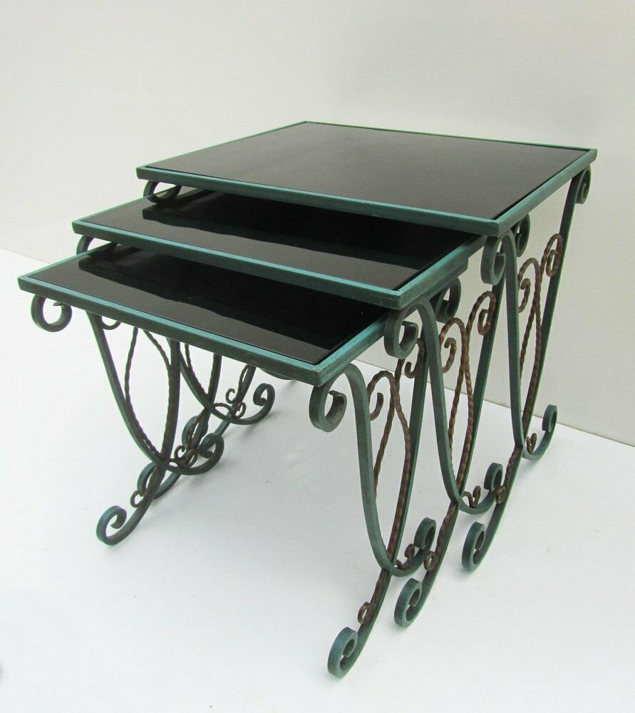 French Black Glass Nesting Tables In Wrought Iron, 1940s, Set Of 3 photo furniture