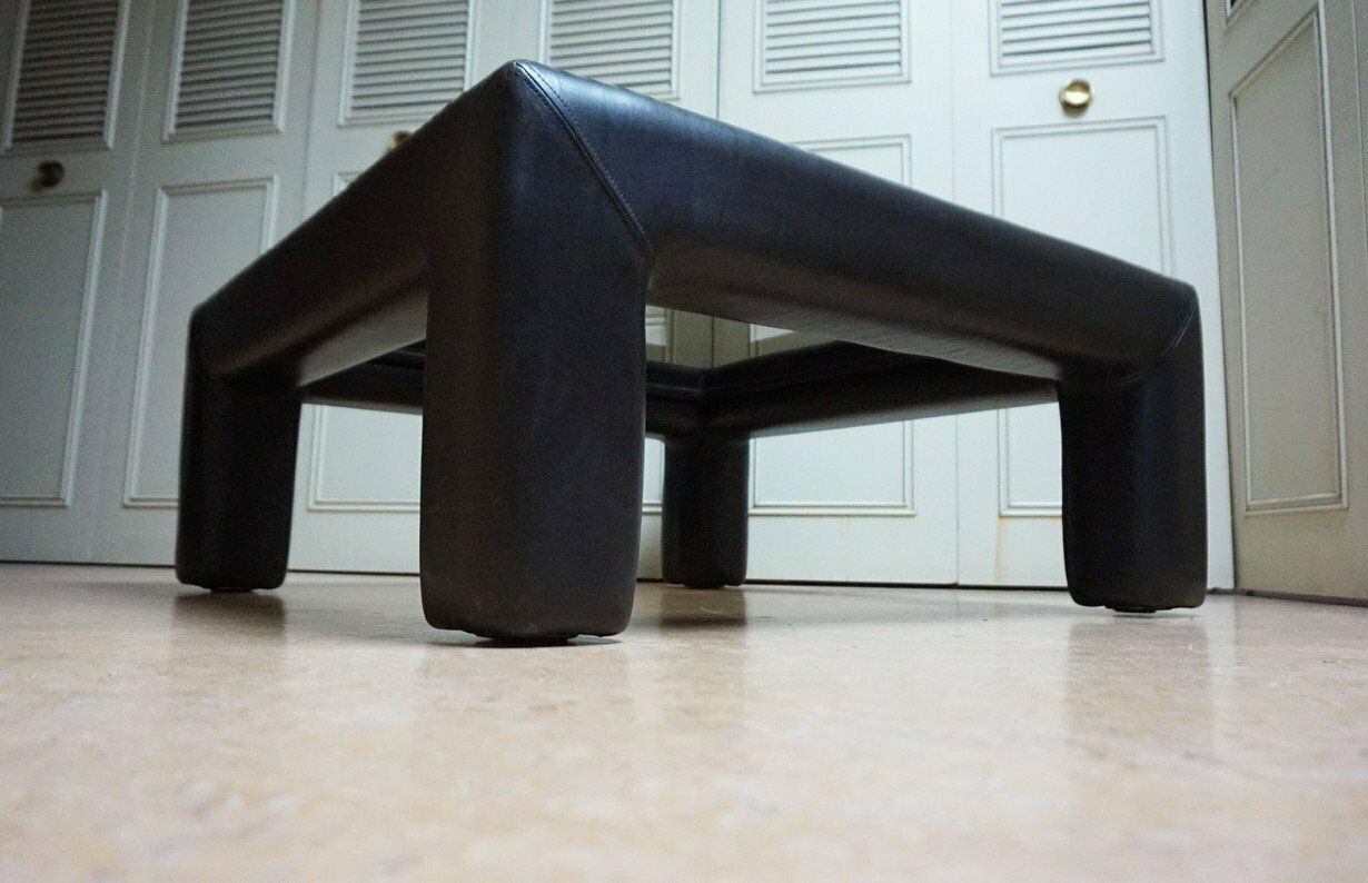 photo buy Black Leather With Smoked Glass Coffee Or Side Table From De Sede, Switzerland, 1980s