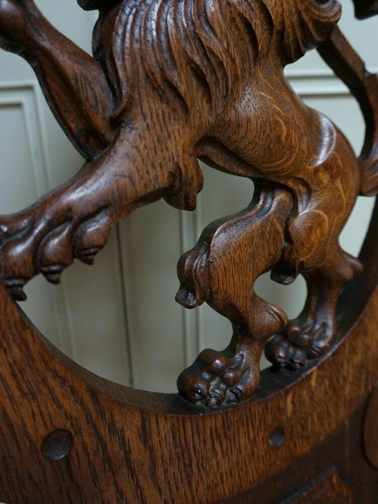 19th Century Swiss Black Forest Hand Carved Oak Side Chair With Standing Lion photo vinterior