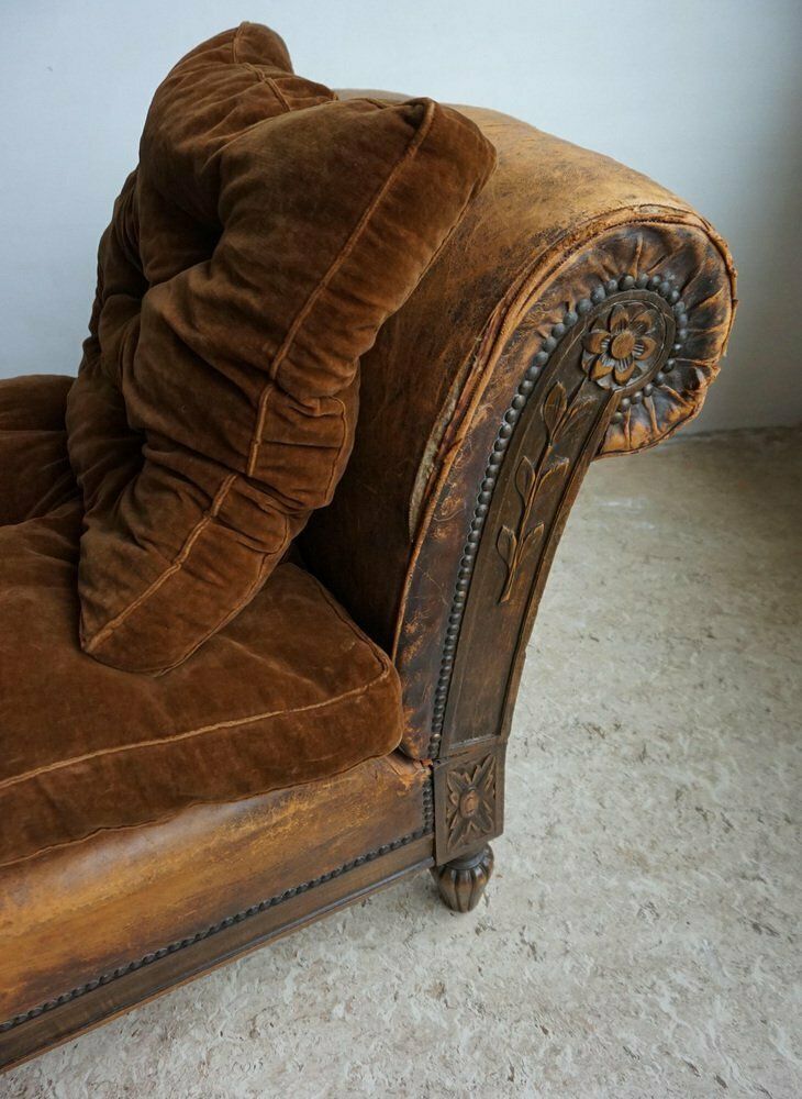 French Distressed Leather Adjustable Loveseat Or Daybed, 1900s photo buy
