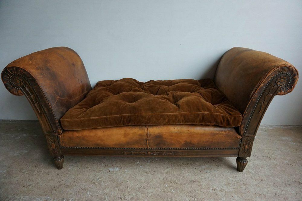 French Distressed Leather Adjustable Loveseat Or Daybed, 1900s photo vintage