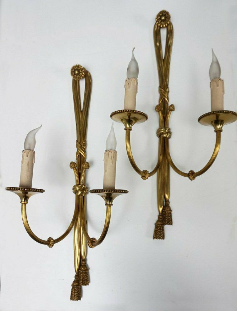 Large 19th Century French Gilt Bronze Knot, Tassel & Ribbon Wall Lights Sconces, Set Of 2 photo furniture